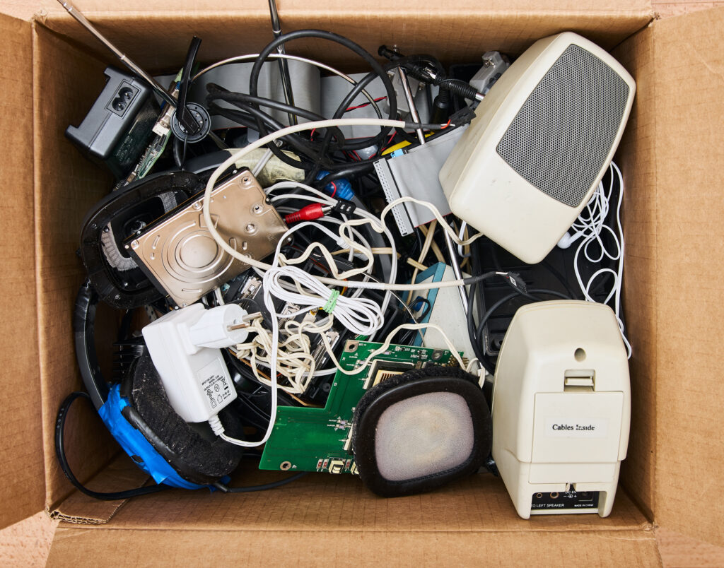 Old electronics in a cardboard recycling box