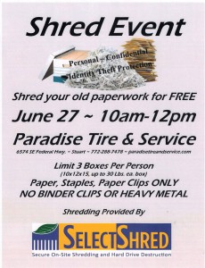 Paradise Tire and Service Shred Event 10 AM to 12 Noon on June 27, 2015